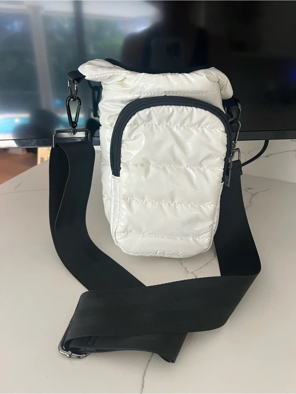 White Quilted Crossbody Water Bottle/ Phone Bag with Black  adjustable Strap
